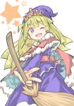 1girl blonde_hair blue_eyes blush broom capelet cloak dress hat holding holding_broom konomi_uo long_hair long_sleeves magic no_pupils one_eye_closed puyopuyo puyopuyo_quest smile solo star_(symbol) star_print tiara witch witch_(puyopuyo) witch_hat 