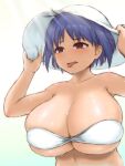  1girl alternate_breast_size armpit_peek bra breasts collarbone hands_on_headwear hat hot huge_breasts light_blush purple_hair red_eyes short_hair simple_background sukuna_shinmyoumaru sweat tight tongue tongue_out touhou underwear white_background white_bra white_headwear yuugatou_(yuuzutu) 