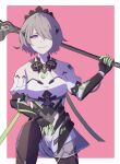  1girl bangs bare_shoulders black_gloves border brown_hair elbow_gloves evil_grin evil_smile gas_mask gloves grin hair_over_one_eye hand_on_own_knee highres holding holding_weapon honkai_(series) honkai_impact_3rd looking_at_viewer maid_headdress pink_background purple_eyes rita_rossweisse rita_rossweisse_(phantom_iron) scythe short_hair smile solo v-shaped_eyebrows weapon yang_zheng_yu 