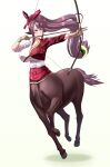  1girl aiming animal_ears bangs bow_(weapon) breasts brown_gloves brown_hair centaur cleavage closed_mouth clothing_request collarbone commentary_request efreet eyebrows_visible_through_hair floating_hair full_body gloves green_eyes hair_between_eyes hair_ribbon high_ponytail highres holding holding_bow_(weapon) holding_weapon horse_ears horse_tail igote japanese_clothes kimono large_breasts long_hair looking_to_the_side low-tied_long_hair monster_girl multiple_legs original pointy_ears ponytail red_ribbon ribbon running shadow sidelocks simple_background sleeves_rolled_up solo tail taur very_long_hair weapon white_background white_kimono 