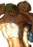  2boys absurdres bandages bare_back blonde_hair blush celeboom dark-skinned_male dark_skin from_above green_hair hair_over_one_eye highres male_focus multiple_boys nipples on_person one_piece pectorals roronoa_zoro sanji shade shadow short_hair sideburns toned toned_male yaoi 