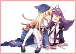  2girls black_eyes blonde_hair blue_eyes blush eyebrows_visible_through_hair face-to-face feli_(puyopuyo) hat long_hair long_sleeves looking_at_another multiple_girls open_mouth purple_hair puyopuyo puyopuyo_quest ribbon smile tare_(tonikaku_magaru) witch witch_(puyopuyo) witch_hat yuri 