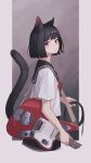  1girl animal_ears black_collar black_hair black_skirt cat_ears cat_girl cat_tail collar electric_guitar fender_jaguar from_side guitar highres holding holding_cable holding_instrument instrument looking_at_viewer original purple_eyes red_neckwear school_uniform serafuku shirt short_hair skirt solo tail tail_raised unvrsms white_shirt 