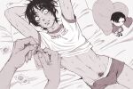  2boys arms_up bangs bulge character_doll clothes_lift clothes_writing condom condom_wrapper eren_yeager greyscale heart heart_pillow highres levi_(shingeki_no_kyojin) looking_up lying male_focus male_pubic_hair male_underwear monochrome multiple_boys navel on_back opening pillow pov pov_hands pubic_hair ren_valentine shingeki_no_kyojin shirt_lift solo_focus sweat teeth underwear 