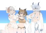  3girls ^^^ afterimage alternate_breast_size alternate_costume bangs bare_arms bare_shoulders bikini bird_tail black_horns breasts brown_eyes brown_hair cleavage dated drawstring ear_wiggle eating eurasian_eagle_owl_(kemono_friends) extra_ears eyebrows_visible_through_hair furrowed_brow grey_background grey_horns hair_over_one_eye hair_ribbon happy heart height_difference highres holding holding_spoon horns huge_breasts kemono_friends long_hair looking_at_another medium_hair motion_lines mouth_drool multicolored_hair multicolored_horns multiple_girls navel off-shoulder_bikini off_shoulder orange_eyes owl_ears ox_ears ox_horns ribbon sandals sheep_(kemono_friends) sheep_horns shorts sidelocks signature skindentation spoon stomach swimsuit tail tail_feathers very_long_hair white_hair yak_(kemono_friends) yoshida_hideyuki 