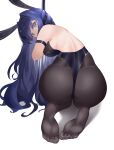  1girl absurdres animal_ears arm_strap ass ass_focus azur_lane backless_leotard bangs beijiushui black_legwear blue_eyes blue_hair blue_leotard blush breasts commentary covered_mouth english_commentary fake_animal_ears feet from_behind full_body highres kneeling leotard long_hair looking_at_viewer medium_breasts new_jersey_(azur_lane) new_jersey_(exhilarating_steps!)_(azur_lane) official_alternate_costume pantyhose playboy_bunny pole rabbit_ears simple_background soles solo strapless strapless_leotard stripper_pole swept_bangs white_background 