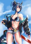  1girl absurdres arknights bad_neck bangs bare_shoulders bikini black_bikini black_jacket blue_hair blue_sky ch&#039;en_(arknights) ch&#039;en_the_holungday_(arknights) chi_xiao_(arknights) cloud commentary_request cowboy_shot day dragon_horns folded_ponytail front-tie_bikini front-tie_top gelibo grey_shorts hair_between_eyes highres horns jacket keychain long_hair long_sleeves looking_at_viewer micro_shorts navel off_shoulder open_clothes open_fly open_jacket red_eyes shorts sky smile solo standing stomach swimsuit sword thighs weapon 