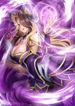  1girl absurdres ahri animal_ears blonde_hair breasts brown_hair cleavage coven_ahri energy_ball facial_mark fingernails fox_ears fox_girl fox_tail hair_over_one_eye highres katou_shinobu large_breasts league_of_legends lips long_fingernails multicolored_hair multiple_tails solo tail two-tone_hair whisker_markings yellow_eyes 