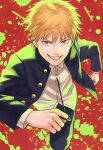  1boy black_jacket black_pants blonde_hair chainsaw_man denji_(chainsaw_man) grin highres jacket looking_at_viewer male_focus open_clothes open_jacket paint_splatter paint_stains pants red_background red_eyes sharp_teeth shirt short_hair smile solo teeth white_shirt yuko666 