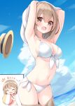  1girl :d ^_^ armpits arms_up ball bangs bare_shoulders beachball bikini blush breasts brown_eyes brown_hair brown_headwear brown_shorts check_translation chibi childhood_friend_(ominaeshi) cleavage closed_eyes clothes_pull commentary_request day eyebrows_visible_through_hair front-tie_bikini front-tie_top hair_between_eyes hat hat_removed headwear_removed highres holding holding_ball horizon looking_at_viewer medium_breasts navel ocean ominaeshi_(takenoko) open_clothes open_fly open_mouth open_shorts original outdoors shirt shorts shorts_pull side-tie_bikini smile standing swimsuit translation_request undressing water white_bikini white_shirt 