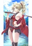  1girl braid breasts cleavage cowboy_shot fate/grand_order fate_(series) french_braid green_eyes hair_ornament hair_scrunchie highres holding holding_sword holding_weapon jacket jacket_on_shoulders katana keisuke_desu~ kneehighs looking_at_viewer mordred_(fate) mordred_(fate/apocrypha) one-piece_swimsuit ponytail red_scrunchie scrunchie small_breasts solo swimsuit sword thighs weapon 