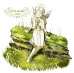  1girl alternate_costume angel_wings character_name dated emily_dyer full_body gloves grass grey_hair halo happy_birthday identity_v jewelry kouri_(kyorosuukeeeeeee) moss outdoors short_hair sitting skirt solo white_background white_gloves white_headwear white_skirt wings 