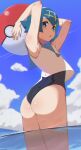  1girl armpits arms_behind_head ass ball bare_arms beachball blue_eyes blue_hair blue_sailor_collar blush body_blush cloud commentary_request day freckles from_below hairband holding lana_(pokemon) looking_at_viewer one-piece_swimsuit open_mouth outdoors pokemon pokemon_(game) pokemon_sm sailor_collar shiny shiny_skin shirt short_hair sky sleeveless sleeveless_shirt solo swimsuit swimsuit_under_clothes tostos trial_captain wading water wet white_shirt yellow_hairband 