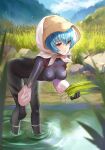  1girl ayanami_rei bangs black_bodysuit black_gloves blue_hair blue_sky bodysuit boots bow breasts bug cloud dragonfly evangelion:_3.0+1.0_thrice_upon_a_time eyebrows_behind_hair eyebrows_visible_through_hair farming field gloves grass hair_between_eyes hat highres holding insect kerchief kernel_killer looking_at_viewer mountain neon_genesis_evangelion open_mouth rebuild_of_evangelion red_eyes reflection rubber_boots seedling short_hair sky solo stone water 