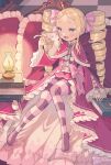  1girl :d bangs beatrice_(re:zero) blonde_hair blue_eyes blurry blush book bow capelet cat commentary_request crown cushion dress drill_hair eyelashes frills fur-trimmed_capelet fur_trim hair_ribbon highres holding holding_book indoors lantern long_hair long_sleeves mini_crown open_mouth pantyhose parted_bangs parupin pink_bow pink_ribbon puck_(re:zero) re:zero_kara_hajimeru_isekai_seikatsu ribbon shiny shiny_hair sidelocks sitting smile striped striped_legwear symbol-shaped_pupils tile_floor tiles tongue twin_drills twintails 