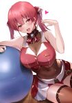  1girl :d ascot blush breasts brown_legwear commentary_request covered_navel hair_ribbon heart heterochromia highres hololive houshou_marine kurenai_(kurenai_pso) large_breasts looking_at_viewer open_mouth red_eyes red_hair red_neckwear red_skirt ribbon short_hair simple_background skirt smile solo thighhighs thighs twintails two-tone_skirt virtual_youtuber white_background white_skirt yellow_eyes 