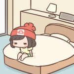  1girl bangs barefoot beanie bed blush_stickers cafe_(chuu_no_ouchi) chibi commentary_request green_shorts hat indoors lamp lowres medium_hair on_bed pillow pokemon pokemon_(game) pokemon_sm red_headwear selene_(pokemon) shirt short_sleeves shorts solo t-shirt tied_shirt yellow_shirt 