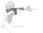  1girl aiming bangs battle_rifle competition_swimsuit firing fn_fal grey_eyes grey_hair greyscale gun hair_between_eyes hair_ornament headband highres holding holding_gun holding_weapon mathias_leth monochrome one-piece_swimsuit pyra_(pro_swimmer)_(xenoblade) pyra_(xenoblade) rifle shell_casing short_hair simple_background solo swimsuit weapon white_background xenoblade_chronicles_(series) xenoblade_chronicles_2 