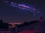  animated animated_gif city_lights kldpxl looping_animation night night_sky no_humans observatory original path pixel_art railing scenery shooting_star sky star_(sky) tree 