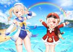  2girls ;d absurdres ahoge backpack bag bag_charm bangs barbara_(genshin_impact) barbara_(summertime_sparkle)_(genshin_impact) beach blonde_hair bloomers blue_eyes blue_sky blue_swimsuit blurry blush brown_scarf cabbie_hat charm_(object) choker cloud cloudy_sky clover_print coat collarbone commentary_request depth_of_field detached_sleeves dodoco_(genshin_impact) drill_hair eyebrows_visible_through_hair genshin_impact hair_between_eyes handbag hat hat_feather hat_ornament highres horizon klee_(genshin_impact) light_brown_hair long_hair long_sleeves looking_at_viewer multiple_girls ocean one_eye_closed open_mouth orange_eyes outstretched_arms pocket rainbow randoseru red_coat red_headwear sailor_collar scarf sidelocks sky smile spread_arms swimsuit translated twin_drills twintails underwear w_verne water_drop 
