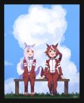  2girls :d animal_ears arms_at_sides artist_name blue_eyes blue_sky blush border brown_hair cloud cloudy_sky commentary_request ear_bow ear_ornament grass hair_between_eyes hands_on_lap highres horse_ears horse_girl horse_tail jacket knees_together_feet_apart light_purple_hair long_hair looking_at_another looking_up mejiro_mcqueen_(umamusume) multicolored_hair multiple_girls on_bench open_mouth pants poko_(user_rjdg5478) purple_eyes red_pants red_track_suit shoes signature sitting sitting_on_bench sky smile sneakers streaked_hair swinging_legs tail tied_hair tokai_teio_(umamusume) track_jacket track_pants track_suit umamusume white_hair 