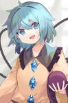  1girl :d absurdres aki_maki_yuu aqua_eyes bangs bright_pupils eyebrows_visible_through_hair green_hair grey_background highres holding komeiji_koishi long_sleeves looking_at_viewer no_hat no_headwear open_mouth shirt short_hair smile solo third_eye touhou upper_body white_pupils wide_sleeves yellow_shirt 