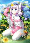  1girl :o bangs black_hairband blue_eyes blue_sky blunt_bangs bug butterfly cloud commentary_request day dragon_girl dragon_horns eyebrows_visible_through_hair flower grass hairband highres horns insect kanna_kamui kobayashi-san_chi_no_maidragon long_hair long_sleeves looking_at_animal looking_up low_twintails purple_hair sitting sky solo tail thighhighs thighs ttorong twintails wariza white_legwear 