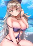  1girl akuakuran azur_lane blurry blurry_background bow breasts cleavage clothing_cutout flower grey_eyes grey_hair hair_bow hair_flower hair_ornament large_breasts long_hair looking_at_viewer navel_cutout o-ring o-ring_swimsuit official_alternate_costume purple_bow purple_swimsuit rainbow sitting solo strap_slip swimsuit very_long_hair vittorio_veneto_(azur_lane) vittorio_veneto_(the_flower_of_la_spezia)_(azur_lane) white_flower 