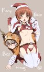  2girls all_fours alternate_costume animal_costume antlers arm_support arm_up armpits bandage bangs bear_costume belt bikini black_belt blush boko_(girls_und_panzer) boko_(girls_und_panzer)_(cosplay) boots breasts brown_eyes brown_hair capelet carrying_over_shoulder christmas cleavage closed_mouth commentary_request cosplay crop_top english_text eyebrows_visible_through_hair eyepatch frown full_body fur_trim girls_und_panzer gloves grey_background groin hat inu_(aerodog) kneeling leaning_back light_brown_hair long_hair long_sleeves looking_at_viewer medium_breasts multiple_girls navel nishizumi_miho open_mouth oversized_object red_bikini red_capelet red_footwear red_garter_belt red_gloves red_hat reindeer_antlers reindeer_costume santa_hat shimada_arisu short_hair simple_background skindentation smile swimsuit thighhighs underwear underwear_only white_legwear 
