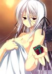  bare_shoulders bed_sheet blush breasts covering covering_breasts doll_joints gift holding holding_gift incoming_gift large_breasts long_hair naked_sheet nipple_slip nipples nude_cover ooba_kagerou rozen_maiden silver_hair solo suigintou sweat valentine wings 