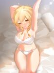  1girl absurdres blonde_hair bra breasts cleavage genshin_impact haraheriei highres large_breasts lumine_(genshin_impact) navel one_eye_closed open_mouth panties solo stretch underwear waking_up white_bra white_panties yellow_eyes 