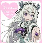  1girl :d chaika_trabant dress english_text engrish_text food fruit grapes heart highres hitsugi_no_chaika holding holding_food holding_fruit incoming_food long_hair long_sleeves looking_at_viewer maid_headdress open_mouth purple_eyes ranguage smile solo typehatena very_long_hair white_dress white_hair 