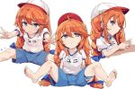  1girl bangs barefoot baseball_cap blue_shorts blush braid breasts feet hat leaning_forward long_hair looking_at_viewer multiple_views name_tag open_mouth orange_hair outstretched_arms pkpkpppk princess_connect! purple_eyes shirt short_sleeves shorts sitting small_breasts soles spread_legs stretch thighs toes twin_braids white_shirt yuni_(princess_connect!) 