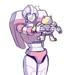  1girl absurdres arcee autobot blue_eyes bumblebee highres holding holding_toy horns mecha no_humans science_fiction shenani smile solo toy transformers white_background 
