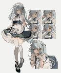  1girl apron aqua_dress aqua_hair closed_mouth collar dress faruzan_(cafe)_(genshin_impact) faruzan_(genshin_impact) frilled_collar frilled_dress frills full_body genshin_impact grey_hair hair_ornament highres long_hair looking_at_viewer maid maid_apron maid_headdress multiple_views note_nii official_alternate_costume one_eye_closed open_mouth parted_lips short_sleeves simple_background smile standing thighhighs twintails v white_apron white_background white_thighhighs x_hair_ornament zettai_ryouiki 