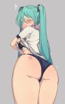  1girl aqua_hair ass ass_tattoo black_bra black_panties bra bubble_blowing chewing_gum cowboy_shot foreshortening from_behind from_below grey_background half-closed_eyes hatsune_miku highres kkry99 long_hair looking_at_viewer looking_back panties shirt solo standing twintails underwear undressing very_long_hair vocaloid white_shirt 