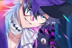  1boy bishounen blue_eyes blue_hair collarbone creature creature_on_shoulder eyeshadow gavis_bettel grey_hair hair_between_eyes hat hat_ribbon highres holostars holostars_english looking_to_the_side makeup male_focus mask_over_one_eye multicolored_hair on_shoulder parted_lips phantom_(gavis_bettel) pink_eyeshadow pink_lips portrait ribbon scarf smile solo top_hat tsukky twitter_username virtual_youtuber white_scarf 