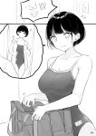  !? 1girl absurdres bag bob_cut competition_school_swimsuit greyscale highres mirror monochrome original remembering short_hair sweatdrop swimsuit takenoko_no_you underwear 