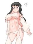  1girl absurdres black_hair breasts colored_inner_hair detached_sleeves hairband highres kantai_collection large_breasts long_hair maru_(marg0613) meme_attire multicolored_hair naganami_(kancolle) naganami_kai_ni_(kancolle) one-hour_drawing_challenge panties pink_hair side-tie_panties solo thighhighs translation_request two-tone_hair underwear virgin_destroyer_sweater wavy_hair white_hairband white_panties white_thighhighs 