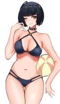  1girl absurdres bangs bikini black_hair blue_hair breasts choker cleavage collar collarbone highres jewelry looking_at_viewer medium_breasts nail_polish navel necklace nero_watch one_eye_closed persona persona_5 red_eyes short_hair simple_background sitting smile solo swimsuit takemi_tae 