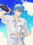  1boy blue_sky bottle closed_eyes fate/grand_order fate_(series) food heroic_spirit_tour_outfit isagiyo male_focus oil pouring saitou_hajime_(fate) shirt signature sky smile sparkle steam white_shirt 