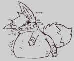 ambiguous_gender anthro belly big_belly big_tail eevee english_text generation_1_pokemon hi_res leaning_on_belly monochrome nintendo pokemon pokemon_(species) same_size_vore solo struggling_prey tail text transtorracat volt_(transtorracat) vore