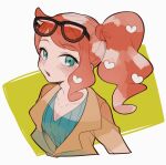  1girl aqua_eyes aqua_shirt breasts brown_coat cleavage coat collarbone eyewear_on_head hair_ornament heart heart_hair_ornament medium_breasts orange-tinted_eyewear orange_hair pokemon pokemon_swsh ribbed_shirt saku_anna shirt side_ponytail solo sonia_(pokemon) sunglasses swept_bangs tinted_eyewear v-neck 