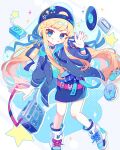  1girl baseball_cap black_coat blonde_hair blue_eyes cassette_tape coat doughnut food full_body grin hat highres long_hair low_twintails original saijo1201 smile twintails 