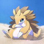  animal_focus blue_eyes blue_sky blurry blurry_background claws colored_skin dark_skin highres kompeito_fox multicolored_skin no_humans pokemon pokemon_(creature) sandslash sitting sky spikes tail two-tone_skin white_skin 