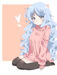  1girl anime_coloring beyblade beyblade:_burst blue_hair blush character_name heart highres nishiro_nya pink_sweater purple_eyes simple_background sitting socks solo sweater wavy_hair white_background 