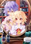  2girls absurdres ahoge ascot blonde_hair blush brushing_another&#039;s_hair brushing_hair calpis118 collarbone female_pov flandre_scarlet hair_brush highres holding holding_hair_brush indoors messy_hair mirror multiple_girls one_side_up pov puffy_short_sleeves puffy_sleeves purple_hair red_eyes reflection remilia_scarlet short_sleeves siblings sisters smile touhou yellow_ascot 