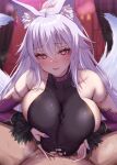  1boy 1girl animal_ear_fluff animal_ears armlet bare_shoulders blush breasts breasts_squeezed_together detached_sleeves fox_ears fox_tail hetero highres large_breasts long_hair looking_at_viewer original paizuri paizuri_under_clothes purple_eyes satou_aji smile tail white_hair 