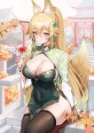  1girl animal_ear_fluff animal_ears architecture autumn_leaves ayamo_kaoru blonde_hair bracelet breasts china_dress chinese_clothes cleavage covered_navel dress east_asian_architecture flower fox_ears fox_girl fox_tail green_dress hair_between_eyes highres holding holding_flower jewelry large_breasts leaf long_hair original pelvic_curtain ponytail red_flower sitting solo spider_lily suirin_(tukikagerou) tail thighhighs torii yellow_eyes yellow_tail 