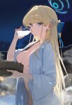  1girl ai-generated barrel blonde_hair blue_archive blue_eyes booool bottle breasts drinking groin halo highres long_hair medium_breasts milk navel onsen open_clothes ribbon thighs toki_(blue_archive) tsurime 